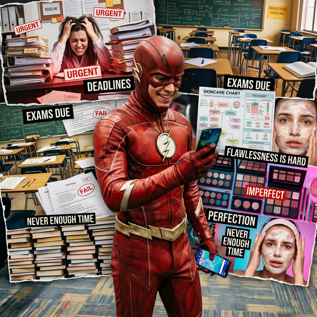 Person in red Flash superhero costume smiling and looking at smartphone inside a convention hall